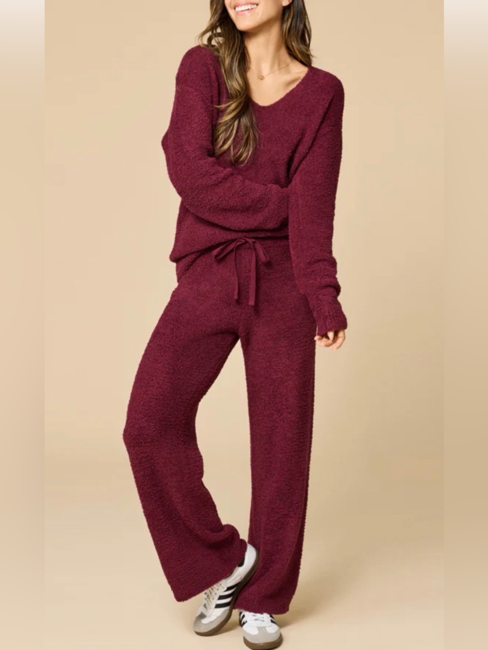 Softies Marshmallow Cozy Wide-Leg Sweater and Pants Set in Burgundy XS